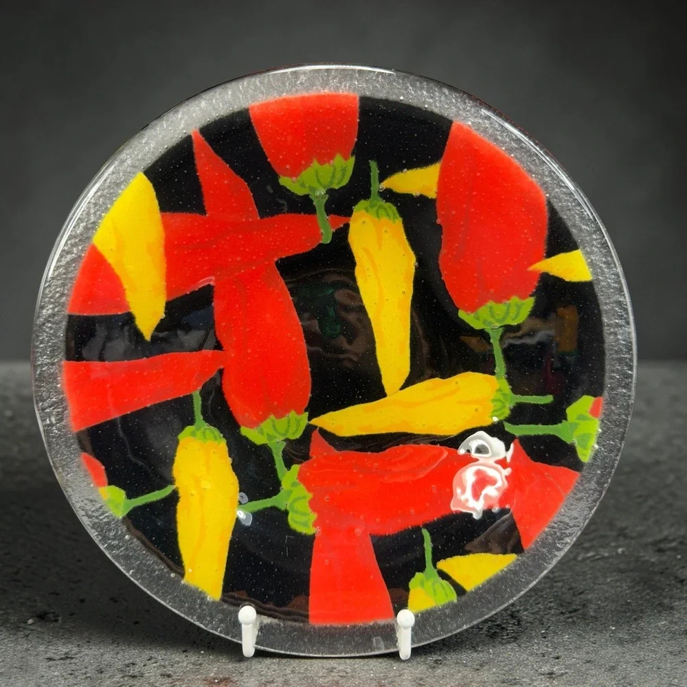 Fused Art Glass Chili Pepper‎ Bowl Red Yellow Black Southwestern Decor 10.5inch